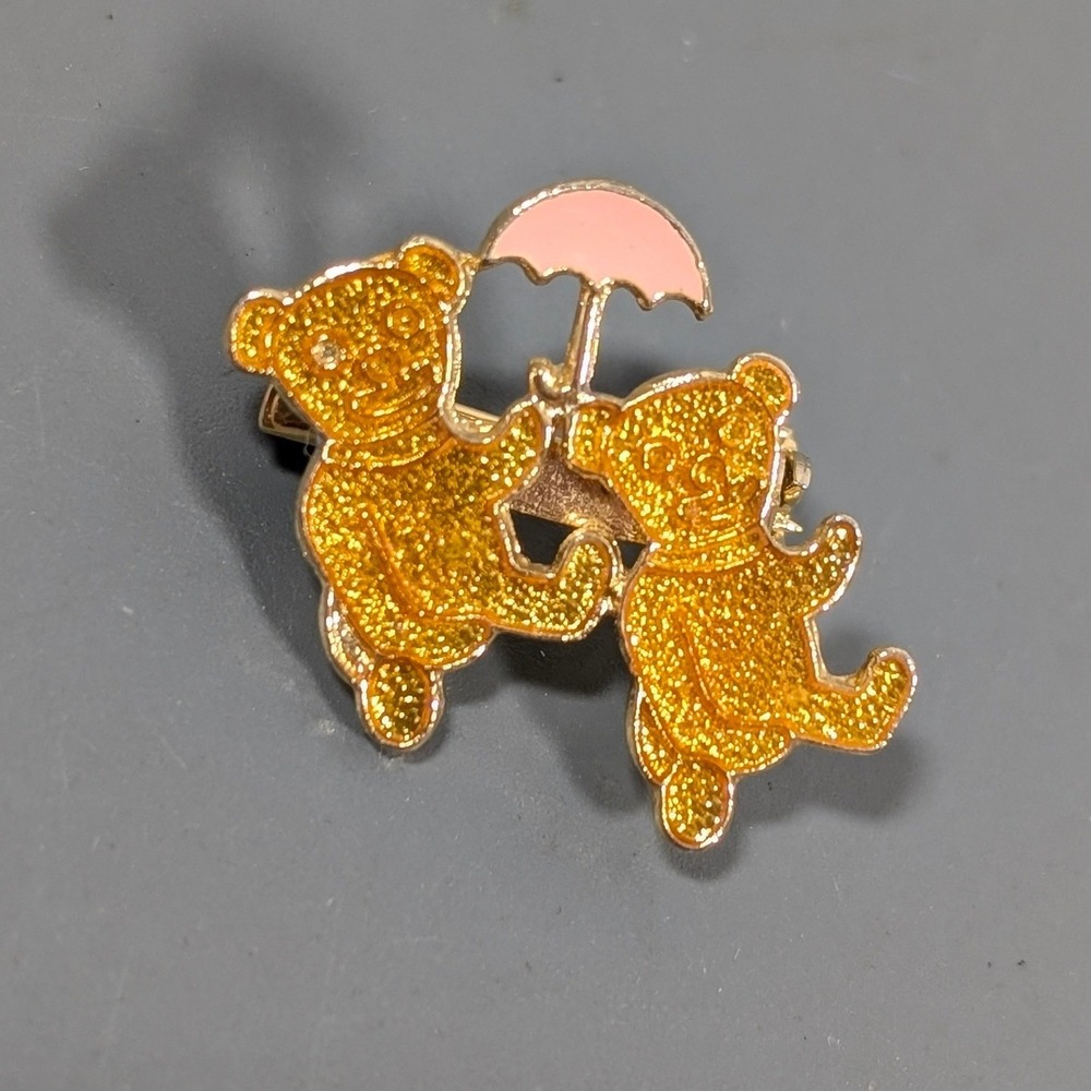 Vintage Teddy Bear Umbrella Pin Pink Enamel Gold Tone Storybook Cute